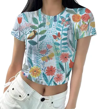 Европейската и американската градинска къса лятна тениска с цветен 3D принтом за горещи момичета, една тънка риза с къс ръкав