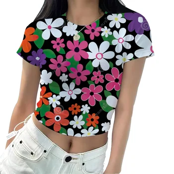Европейската и американската градинска къса лятна тениска с цветен 3D принтом за горещи момичета, една тънка риза с къс ръкав Изображение 2