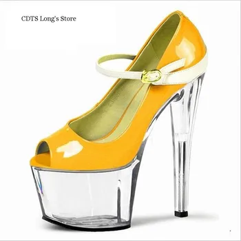 CDTS/по-големи размери: 35-45-46, дамски пролетно-есенните сватбени обувки на платформа с отворени пръсти на висок тънък ток 15 см, женски обувки-лодка за травестит Изображение 2