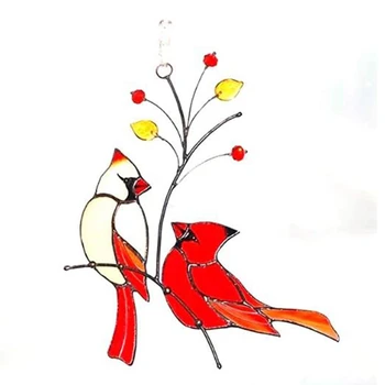 Двойка червени птици Витражное украса на дома прозорци украса украса (Две птици на червено дърво)