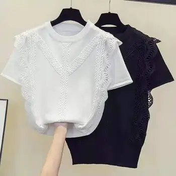 GGRIGHT Лейси Тениска Дамски Отворена Свободна Черна Тениска С Къс Ръкав Дамски Трикотажная Облекло 2021 Летни Блузи Тениска Femme