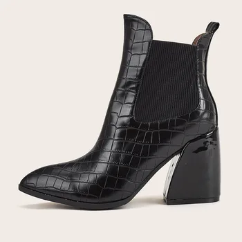 Дамски ботильоны от естествена кожа; модни дамски обувки на висок ток с остър пръсти; обувки в западен стил; дамски зимни черни обувки без закопчалка; Размер на 43