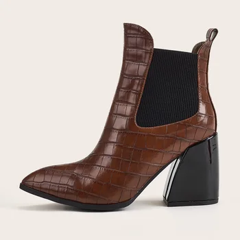 Дамски ботильоны от естествена кожа; модни дамски обувки на висок ток с остър пръсти; обувки в западен стил; дамски зимни черни обувки без закопчалка; Размер на 43 Изображение 2