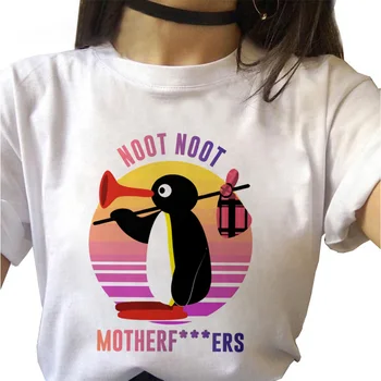 Тениска с изображение на пингвин, Ежедневни тениска с кръгло деколте и къс ръкав, Дамски риза, модна тениска Ulzzang Harajuku за момичета