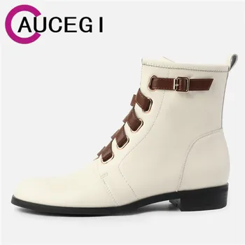 Aucegi/Ботильоны нисък квадратен ток; Новост 2022 г.; дамски кожени обувки от най-Високо Качество с Кръстосани шнур и Кръг пръсти; Шиене на Ципове Ръчна изработка, Лаконичная обувки