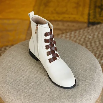 Aucegi/Ботильоны нисък квадратен ток; Новост 2022 г.; дамски кожени обувки от най-Високо Качество с Кръстосани шнур и Кръг пръсти; Шиене на Ципове Ръчна изработка, Лаконичная обувки Изображение 2