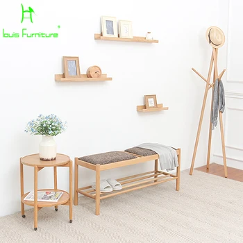Масивна дървесина за обувки столче за съхранение на входяща пейка прост съвременен японски дървена дълъг стол текстилен диван Изображение 2
