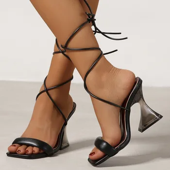 NIUFUNI/Нови дамски летни сандали на висок ток, 2022 г., дамски Сандали с каишка на щиколотке и прозрачни кристали, Чубрица обувки-гладиатори от изкуствена кожа