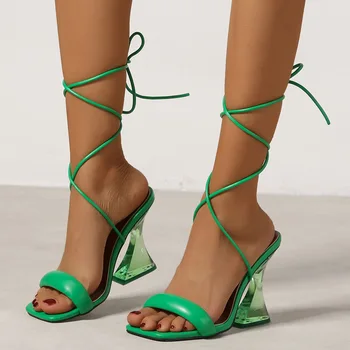 NIUFUNI/Нови дамски летни сандали на висок ток, 2022 г., дамски Сандали с каишка на щиколотке и прозрачни кристали, Чубрица обувки-гладиатори от изкуствена кожа Изображение 2
