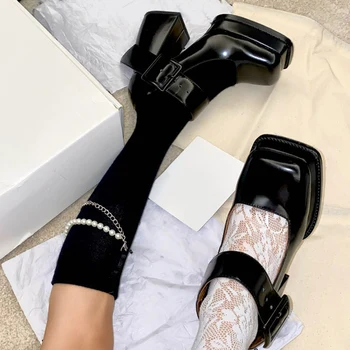 Boussac/ Черни Дизайнерски обувки Mary Janes на Платформата и Масивна Токчета в стил пънк, дамски обувки-лодка От лачена Кожа с Квадратни пръсти на Висок Ток в готически стил Изображение 2
