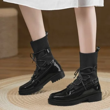 FXYCMMCQ/ Нов стил, пролет-есен, черно-бели дамски обувки Martin на дебелите обувки с кръгло бомбе-A8119