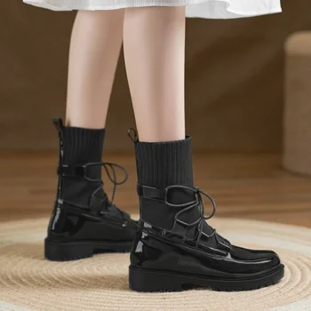 FXYCMMCQ/ Нов стил, пролет-есен, черно-бели дамски обувки Martin на дебелите обувки с кръгло бомбе-A8119 Изображение 2