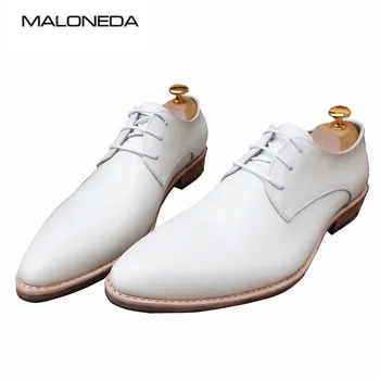 MALONEDA По поръчка, Големи размери, чисто Нови Мъжки обувки за Сватба, ръчно изработени Бели на цвят, вечерни модела обувки от естествена кожа, с прорези на Goodyear