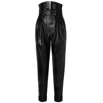 2021 пролетната мода по цялата дължина нагънат кожени дамски панталони с висока талия от изкуствена кожа Панталони с колан