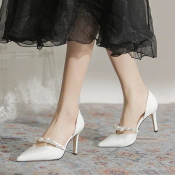 Roni Bouker/Новост 2022 г.; сезон пролет-лято; дамски официални обувки-лодка на среден ток с бели перли; женски лъскави сватбени обувки; Размер на 35 Изображение 2