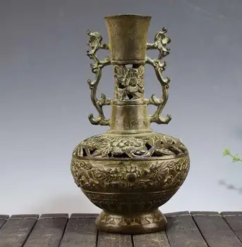 Антични медна ваза QingDynasty, бутилка от мъниста с двойно Дракон, изделия ръчна изработка, Украса за дома, занаяти, изработени ръчно изработени/Колекция