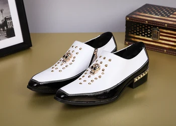 Черни, бели кожени обувки с квадратни скальпом, с нитове, с черепа, ниски комплекти обувки за мъже, увеличена сватбена мъжки обувки