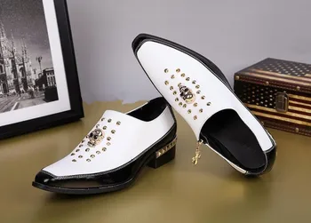 Черни, бели кожени обувки с квадратни скальпом, с нитове, с черепа, ниски комплекти обувки за мъже, увеличена сватбена мъжки обувки Изображение 2