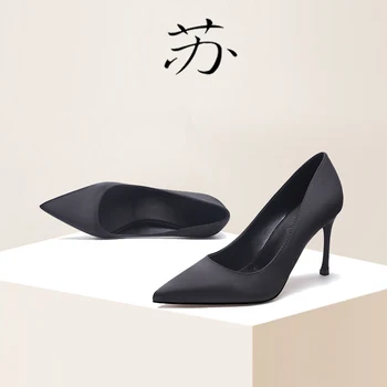 Черни Сатенени обувки на токчета 2021 г., Пролетни Нови Удобни Професионални работни обувки от естествена кожа, 8 см, на тънък ток за момичета Изображение 2