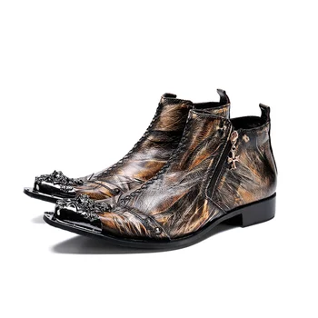 Печатна светкавица с Метално покритие От естествена кожа, Кожени Високи Остри Токчета на обувки С Мъжки Пръсти-Големи Размери Вечерни Бизнес Каубойски Модела Обувки