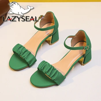 LazySeal Класически дамски сандали с плиссированным езда на квадратен ток 4 cm, Обикновена Сандали на токчета, Зелени, Големи Размери 45, Дамски обувки, Тенденция 2022 г.