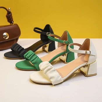 LazySeal Класически дамски сандали с плиссированным езда на квадратен ток 4 cm, Обикновена Сандали на токчета, Зелени, Големи Размери 45, Дамски обувки, Тенденция 2022 г. Изображение 2