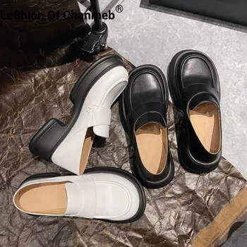 LeShion Of Chanmeb/ дамски обувки-лодка от естествена кожа в масивна ток, лоферы-пени, бели обувки на Платформа с кръгло бомбе на площада обувки, дамски обувки за Почивка