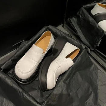LeShion Of Chanmeb/ дамски обувки-лодка от естествена кожа в масивна ток, лоферы-пени, бели обувки на Платформа с кръгло бомбе на площада обувки, дамски обувки за Почивка Изображение 2