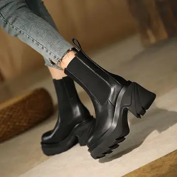 2021Hot/ дамски обувки на висок квадратен ток, дамски обувки до средата на прасците с кръгло бомбе на дебела подметка, ежедневни дамски обувки от мека кожа в различни цветове