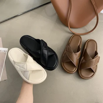 Летни дамски чехли 2022 г., Ежедневни обувки на равна подметка, модни Доброто Обикновена Палав офис дамски сандали с кръстосани шнур и кръг пръсти