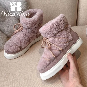 RIZABINA/ Дамски Зимни Обувки От естествена кожа, Топли Зимни Обувки в Меху, Дамски Модни Плюшен Къса Обувки на Платформа, Размер 34-42