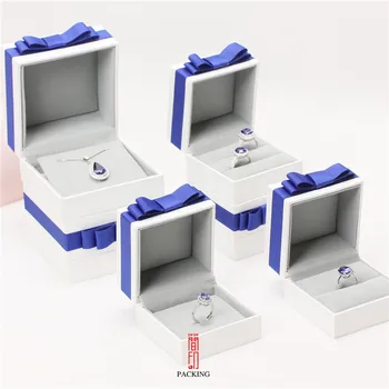 Прост лък бяло и синьо висок клас пръстен кутия двойка пръстен кутия за обеци, колие скоростна ковчег за бижута опаковъчна хартия бижута