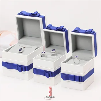 Прост лък бяло и синьо висок клас пръстен кутия двойка пръстен кутия за обеци, колие скоростна ковчег за бижута опаковъчна хартия бижута Изображение 2
