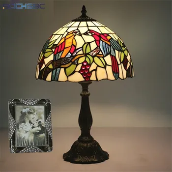 BOCHSBC настолна лампа в стил тифани любовта bird витражный стъклена настолна лампа 12 инча гроздов сплав ръчно изработени начало декор осветителна лампа