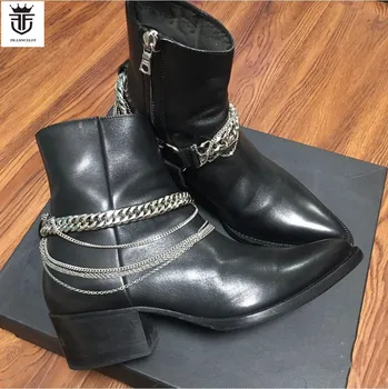 Мъжки обувки в уличном стил, Черни лъскави кожени ботуши, ботильоны с цип, вечерни обувки с веригата и с остър бомбе, мъжки обувки за подиум