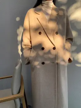 Палто от алпака, дамско зимно палто от 2021 година, ново двубортное дълго топло кашемировое палто ръчно изработени над коляното Изображение 2