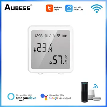 Sasha WIFI Интелигентен Сензор за температура и влажност, Измерване на температура и влажност с LCD дисплей Работи с Алекса Google Assistant