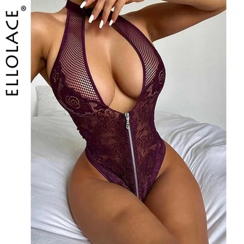 Ellolace – Body en-dentelle pour femmes, salopette en-maille Секси, décolleté en V profond, Lingerie, интегрирана