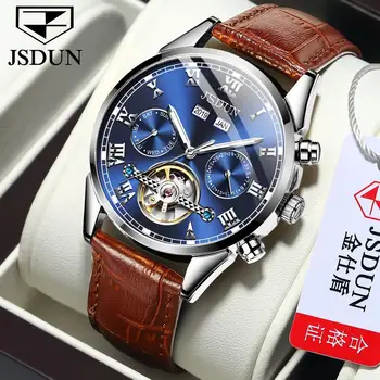 Мъжки часовник JSDUN висококачествени непромокаеми кожени хронограф Спортни автоматично ръчни часовници за мъже Кожени Часовници religio masculino