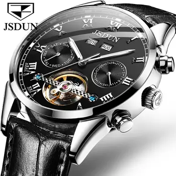 Мъжки часовник JSDUN висококачествени непромокаеми кожени хронограф Спортни автоматично ръчни часовници за мъже Кожени Часовници religio masculino Изображение 2