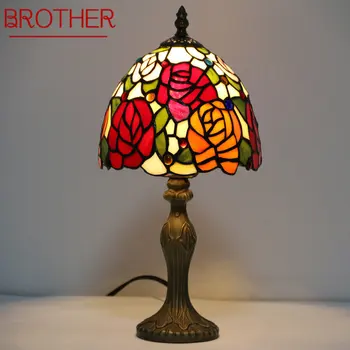 BROTHER Тифани Стъклена Настолна Лампа Led Европейската Реколта Креативна Розова Настолна Лампа За Дома Хол, Кабинет Нощни Декор