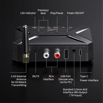 Bluetooth 5,0 Предавател Приемник LED AUX вход 3.5 мм Жак RCA USB Вход Мультиинтерфейсы Безжичен Аудиоадаптер Изображение 2