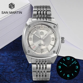 San Martin 39,5 мм Луксозни Мъжки Механичен Часовник Със Сапфир стъкло, 10 бара Водоустойчив Часовник BGW-9 Сини Светещи reloj de hombre