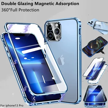 360 ° е Напълно Защитен Метален Калъф с Магнитна чрез адсорбция за iPhone 14 13 12 11 Pro Max 13 12 14Max Минидвухсторонняя със Стъклен капак