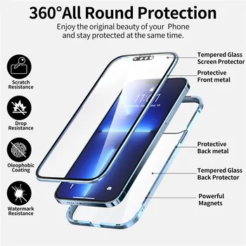 360 ° е Напълно Защитен Метален Калъф с Магнитна чрез адсорбция за iPhone 14 13 12 11 Pro Max 13 12 14Max Минидвухсторонняя със Стъклен капак Изображение 2