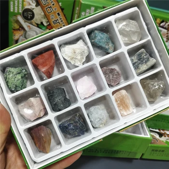 15 вида естествени скъпоценни камъни и груби, необработени минерали кварц Гладка търкаля камък кристали Проба за събиране подарък кутии За продажба Изображение 2