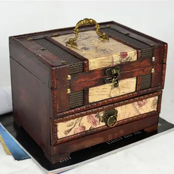 Направете стари антични кутия за бижута с ретро тоалетна кутия с огледало кутия китайска класическа дървена кутия за бижута изискана стара 100