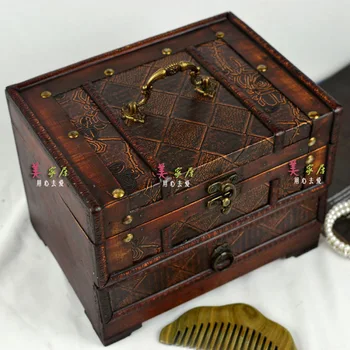 Направете стари антични кутия за бижута с ретро тоалетна кутия с огледало кутия китайска класическа дървена кутия за бижута изискана стара 100 Изображение 2