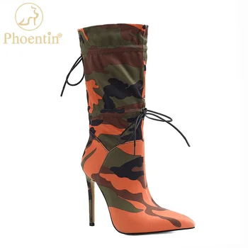 Phoentin/камуфляжные обувки на висок ток; дамски есенни ботильоны на много висок ток 11 см с шнур; дамски обувки за нощен клуб с цип; FT1044