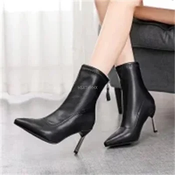 2022 Дамски обувки с остри пръсти, еластична Прежда, Ботуши на тънък Висок ток 9 см, Бежова Черни дамски Ботильоны от изкуствен велур, обувки от Флока
